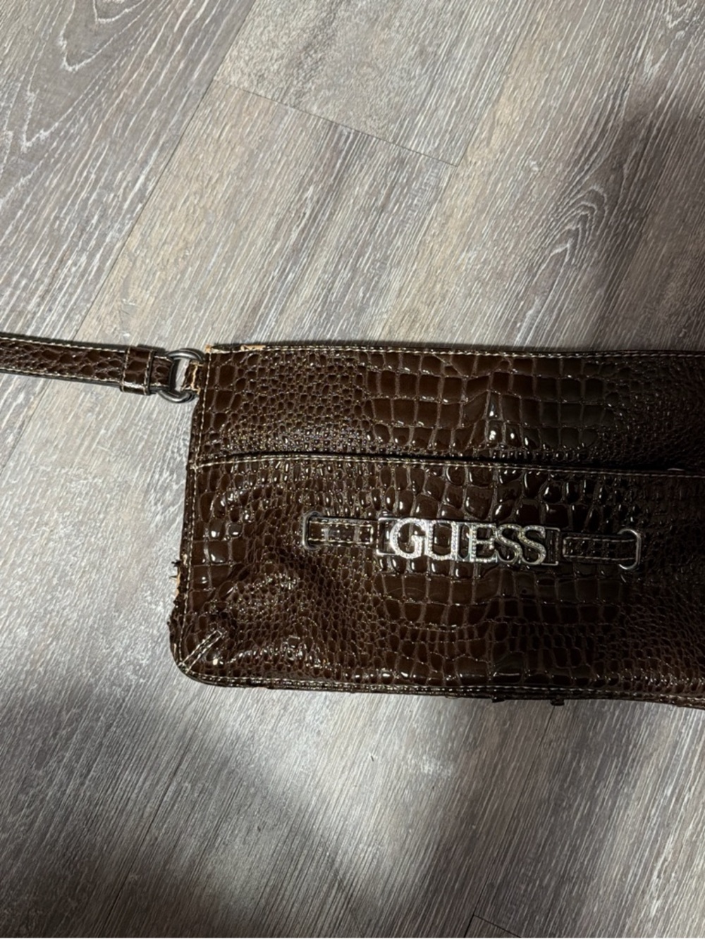 GUESS Brown Croc-Embossed Shoulder Bag